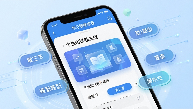 考搭子智能组卷界面特写,手机屏幕显示个性化试卷生成动画,周围环绕章节、题型、难度等标签元素,背景为淡蓝色渐变,突出科技感与学习效率