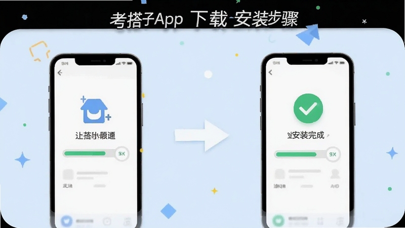 考搭子App下载安装步骤示意图,画面展示手机屏幕从下载到安装完成的流程,包含进度条与对勾图标,背景为浅蓝色,风格简洁清晰