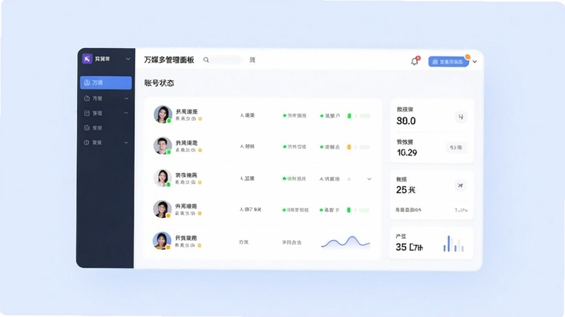 万媒多账号管理面板,画面中央展示账号列表与状态指示灯,背景为浅蓝色调,画面主体位于正中,细节包含头像图标与数据统计小卡片,整体风格清爽简约