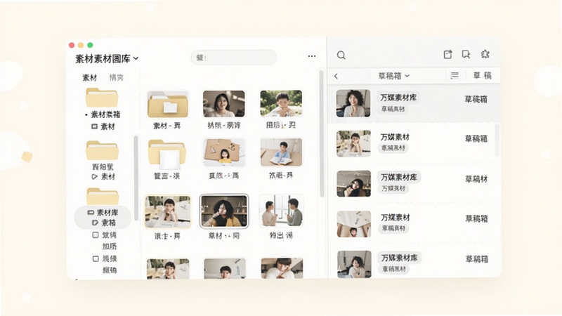 万媒素材库与草稿箱界面,画面主体位于中央,左侧为素材分类文件夹,右侧为草稿列表,背景是柔和的米白色,细节包括缩略图和标签,整体风格清新浅色