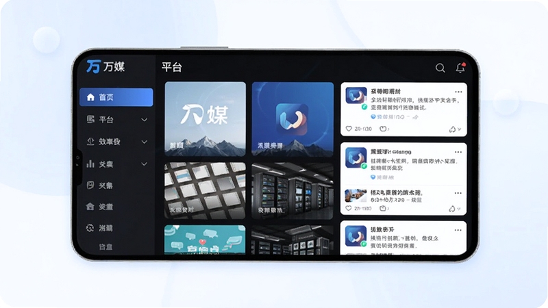 一款名为万媒的移动应用界面,画面中央展示多平台内容聚合面板,左侧为分类导航栏,右侧为信息流卡片,背景是简洁的浅色渐变,主体位于画面正中央,背景区域为柔和的蓝白色调,突出科技感与效率感