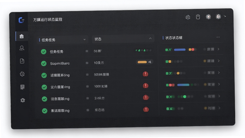 万媒运行状态监控页面,画面中央显示任务列表与状态标识,背景为深灰色质感,主体位于正中偏上,细节包含绿色对勾与红色感叹号图标,整体风格简约商务