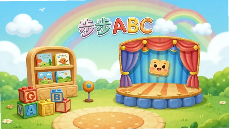 步步ABC软件主界面全景展示,画面中央是一个色彩明快的卡通学习乐园场景,包含字母积木、绘本架和小舞台,背景区域是柔和的蓝天白云与彩虹,整体风格活泼童趣,适合儿童教育软件宣传图