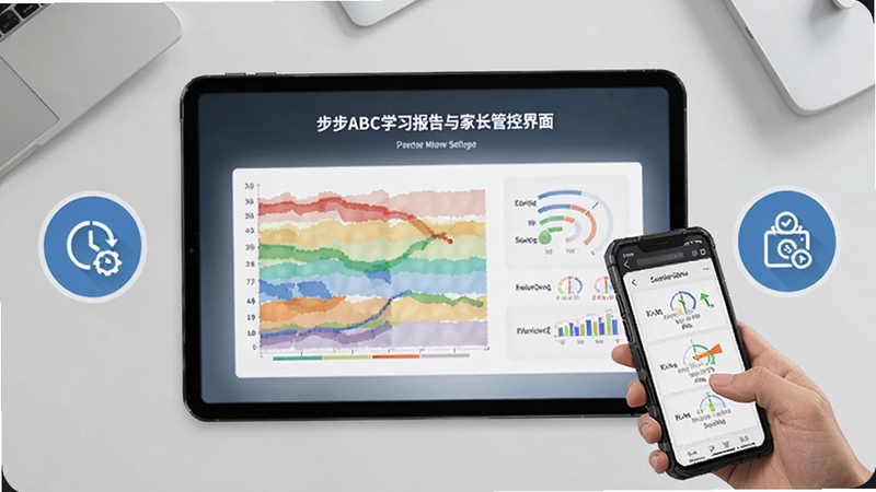步步ABC学习报告与家长管控界面,画面中央展示一份彩色图表学习报告,周围环绕着时间设置图标和家长查看手机的场景,背景区域是简洁的浅灰色桌面,整体风格商务简洁,突出数据可视化