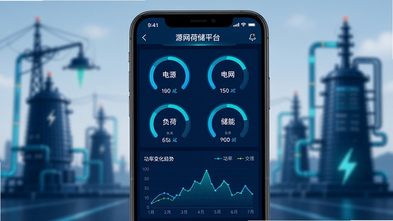 源网荷储平台APP内部数据驾驶舱界面截图风格的AI生图,画面主体为手机屏幕特写,屏幕内显示源网荷储平台的数据总览页面,包含四个圆形仪表盘分别标注电源、电网、负荷、储能,下方有折线图展示功率变化趋势,界面配色以深蓝和青色为主,背景为模糊的能源设备轮廓,整体呈现专业、清晰、科技感强的视觉效果