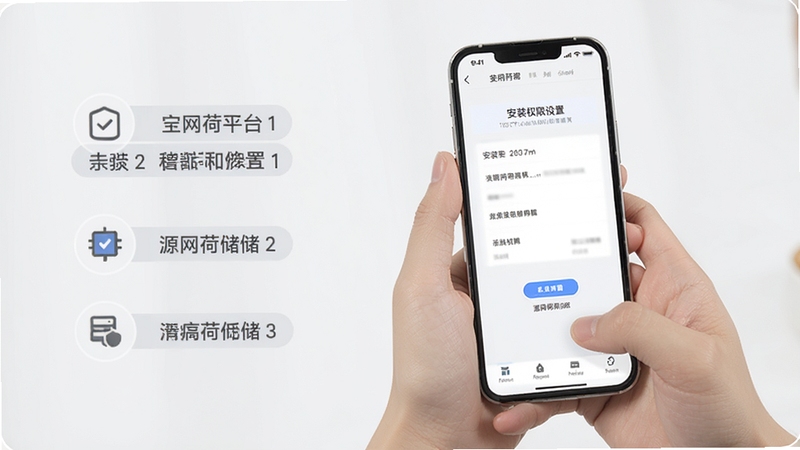 源网荷储平台移动端操作指引示意图,画面为一双手持手机,手机屏幕上显示源网荷储平台的安装权限设置页面,画面一侧有简洁的步骤标注图标,背景为柔和的浅灰色,整体风格干净、易懂,适合作为教程配图