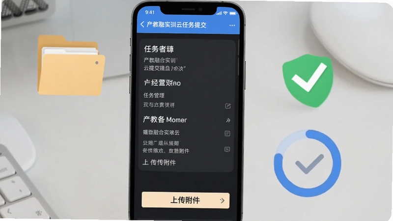 产教融合实训云任务提交界面,画面主体为手机屏幕显示任务详情与上传附件按钮,屏幕旁边有文件夹、对勾图标与进度环,背景为淡灰色办公桌面,整体突出任务管理与提交的便捷性。