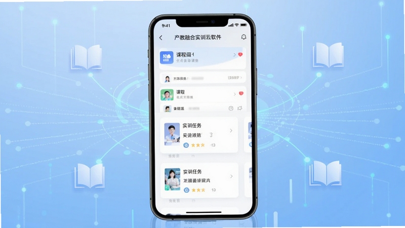 产教融合实训云软件主界面全貌展示,画面中央为手机屏幕正视图,屏幕内呈现课程列表与实训任务卡片,背景为浅蓝色渐变科技感氛围,四周点缀抽象数据线条与书本图标,整体风格简洁专业,适配Boogu模型生成。