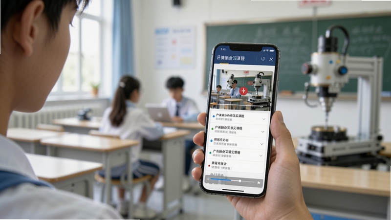 产教融合实训云课程学习页面,画面展示一名学生手持手机观看实训教学视频,手机屏幕内为课程章节列表与播放进度条,背景为教室与实训设备虚化场景,光线明亮柔和,突出移动学习场景。