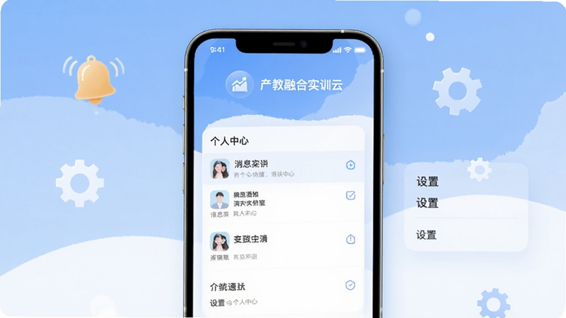 产教融合实训云消息通知与个人中心界面,手机屏幕显示消息列表与设置选项,背景为柔和的蓝白渐变,点缀铃铛与齿轮图标,整体风格干净整洁。