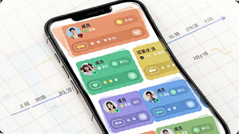 产教融合实训云项目进度看板,画面展示多个彩色任务卡片在手机屏幕上排列,卡片上有成员头像与完成状态标识,背景为浅色网格与时间轴元素,体现团队协作与进度管理。