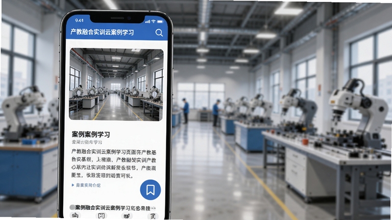 产教融合实训云案例学习页面,手机屏幕内展示实训基地实景照片与案例文字介绍,背景为现代化实训车间虚化影像,画面中有放大镜与书签图标,突出案例查阅与学习功能。