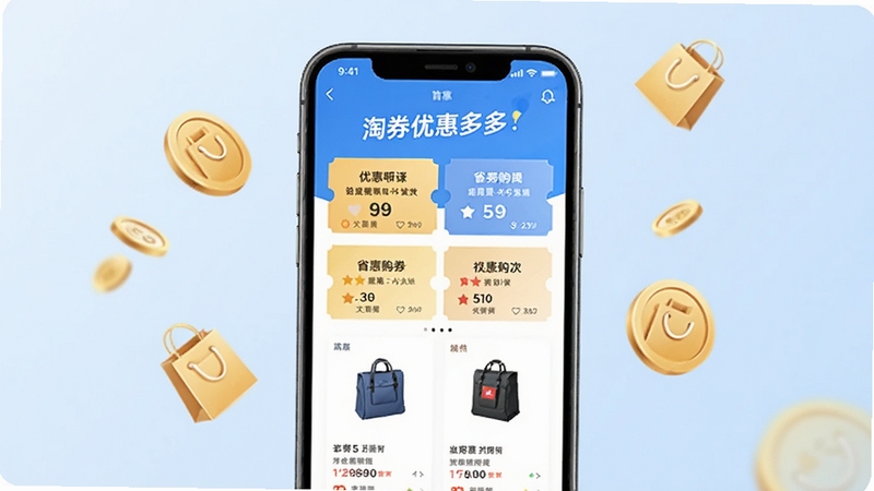 画面中央展示一部智能手机,屏幕上显示淘券优惠多多应用首页,包含优惠券卡片和商品列表,背景为柔和的浅蓝色渐变,周围点缀金币和购物袋图标,整体风格清新明快,突出省钱购物主题