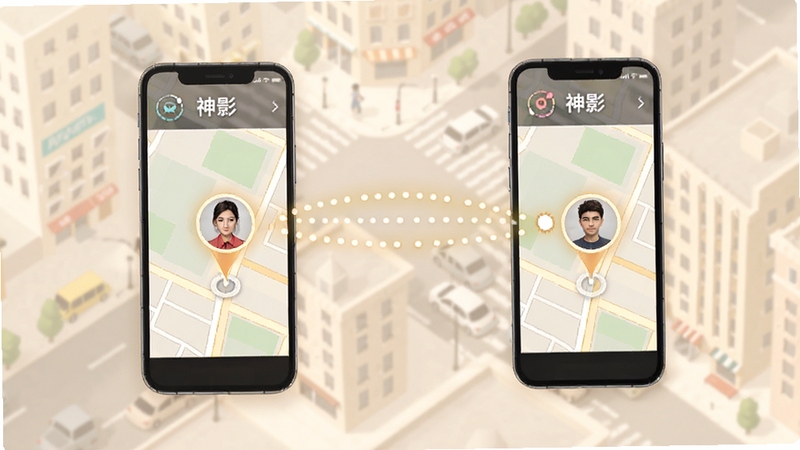 神影在线实时位置共享功能展示图,画面中两个手机屏幕通过虚线连接,地图上显示两个头像标记正在靠近,背景为浅色城市街道俯视图,色调温暖明亮,突出连接与共享概念