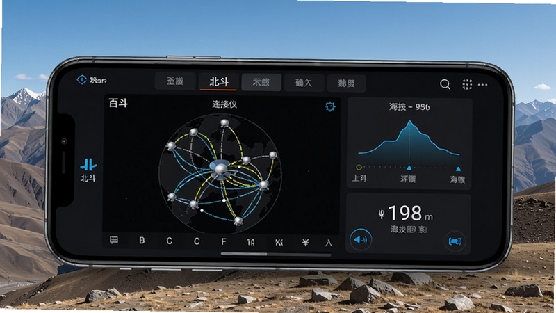 百斗海拔仪软件界面中北斗卫星信号连接状态,手机屏幕显示卫星分布图和海拔数值,背景是高原山地风光,画面风格写实科技感强