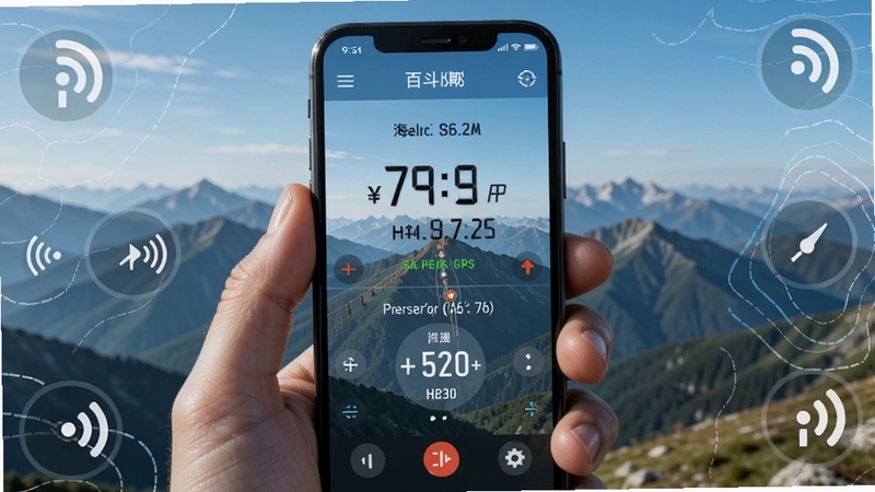 百斗海拔仪在手机屏幕上显示海拔高度和气压数值的界面,背景为山脉和蓝天,画面中心突出手机屏幕中的数字读数,四周环绕等高线与GPS信号图标,科技感与户外风格结合,色彩清新自然