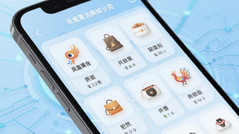 凤凰菁选商城分类导航页面细节展示图,画面主体为手机界面内清晰排列的商品分类图标与文字标签,背景为淡蓝色渐变科技感底纹,突出界面整洁有序的视觉感受