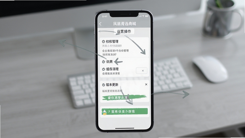 凤凰菁选商城移动端操作界面与设置选项截图示意,画面展示手机屏幕内权限管理、缓存清理与版本更新页面,背景为简洁灰色办公桌面虚化,突出实用操作指引