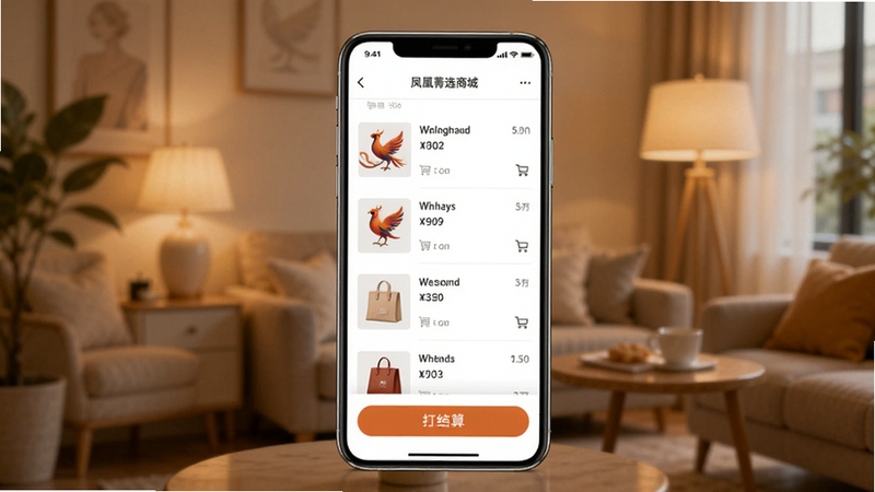 凤凰菁选商城购物车与结算页面示意图,画面中心为手机屏幕内购物车商品列表与结算按钮,背景为柔和暖光室内环境虚化,体现便捷下单的购物氛围