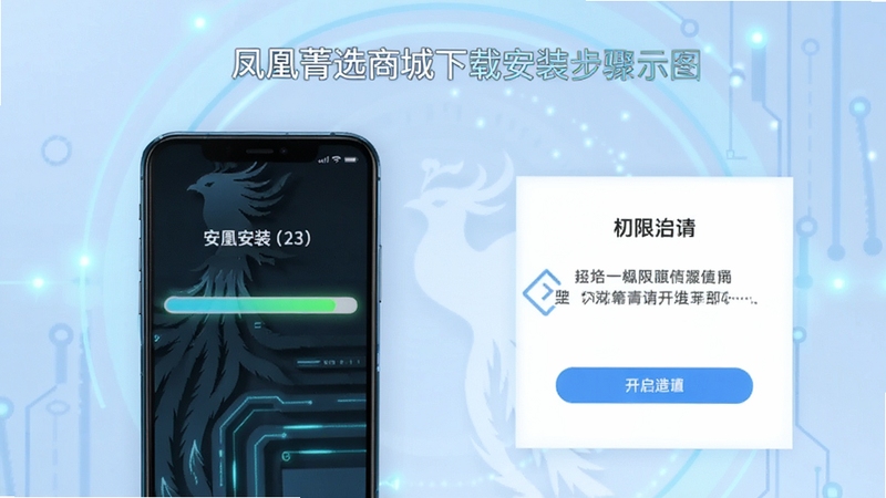 凤凰菁选商城下载安装步骤示意图,画面展示手机屏幕内安装进度条与权限开启引导页面,背景为淡蓝色科技光晕,整体简洁清晰便于用户理解