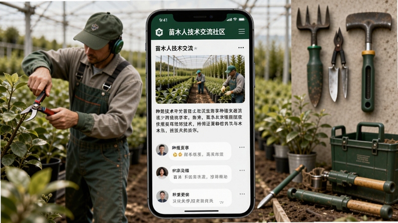 苗木人技术交流社区界面,画面中央为手机屏幕展示种植技术文章与用户评论互动,背景区域为苗圃工人修剪场景与工具元素,整体风格专业务实,突出知识共享与行业交流氛围