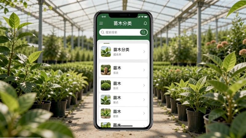 苗木人软件主界面全貌展示,画面中央为手机屏幕呈现苗木分类列表与搜索栏,背景区域为苗圃基地实景与绿色植物环绕,整体色调清新自然,突出苗木行业特色与移动端操作便捷性
