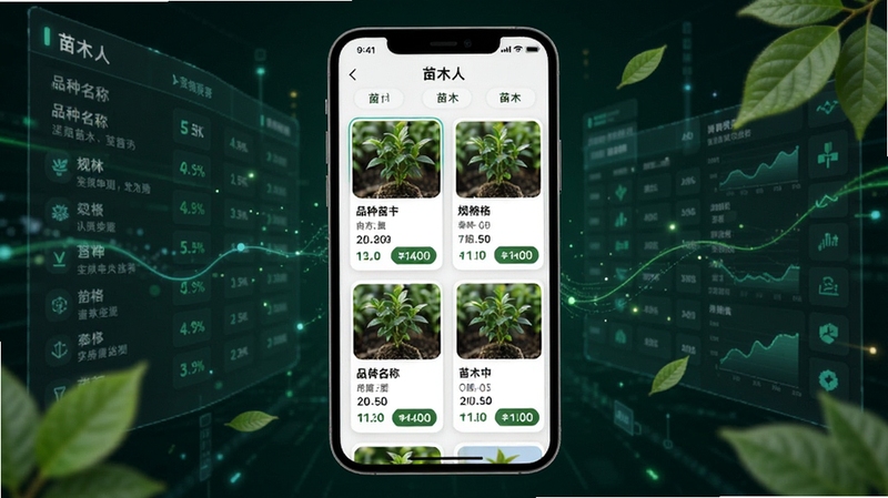 苗木人应用内苗木列表页面展示,画面主体为手机屏幕显示各类苗木卡片信息,包含品种名称、规格参数与价格标签,背景区域为虚拟数据流与绿色叶片点缀,体现信息丰富与实时更新特点