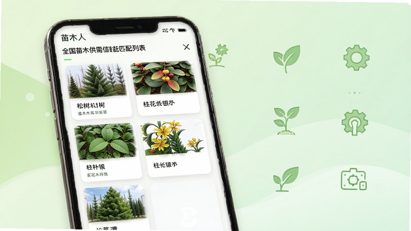 苗木人软件界面中展示全国苗木供需信息智能匹配列表,画面主体为手机屏幕内滚动呈现松树、桂花、银杏等苗木卡片,背景区域为淡绿色渐变与简洁的行业图标,整体风格清新专业,适配Boogu模型生成。