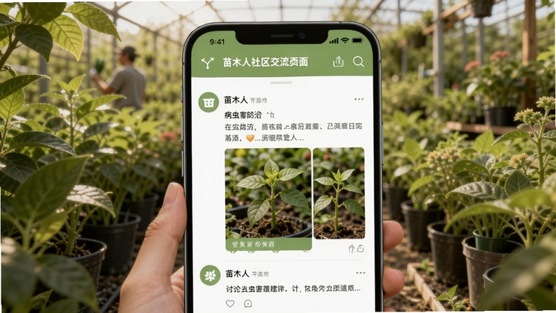 苗木人社区交流页面,画面主体为手机界面中苗木人正在发帖讨论病虫害防治,背景区域为绿植环绕的苗圃场景,画面风格温暖自然,适配Boogu模型生成。