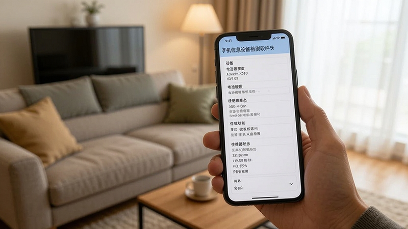 手机信息设备检测软件生成的一份设备信息报告截图,报告上包含设备型号、电池健康度、传感器状态等条目,旁边有一只手拿着手机准备分享,背景是客厅环境,画面温馨自然,突出报告分享的便捷性