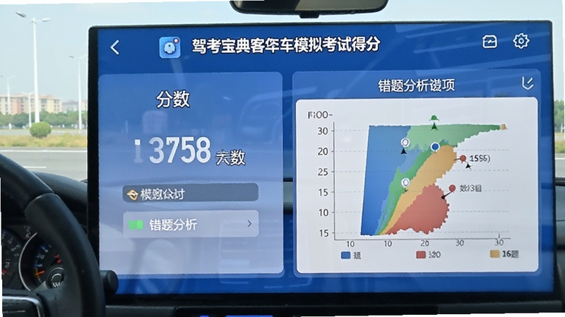 驾考宝典客货车模拟考试得分页面,显示分数与错题分析图表