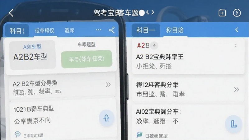 驾考宝典客货车题库界面手机截图,展示A2B2车型分类与科目一题目列表