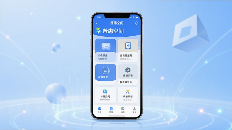 普惠空间应用整体界面展示,画面中央放置一部智能手机,屏幕显示普惠空间主页面,包含服务卡片与功能入口,背景为浅蓝色渐变科技感空间,四周点缀柔和光效与几何图形,整体风格简洁明快,突出普惠空间品牌标识
