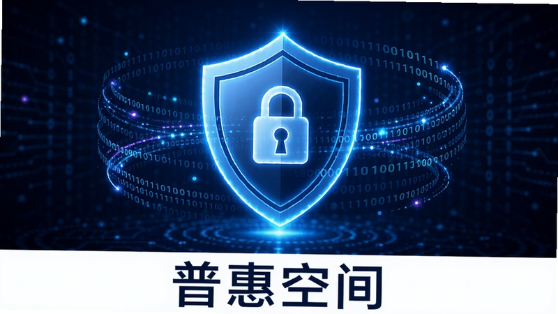 普惠空间隐私安全防护概念图,画面中央是一个发光的盾牌图标,盾牌内部有锁形符号,盾牌周围环绕着数据流与二进制代码元素,背景为深邃的蓝色科技背景,整体传达安全、可信赖的视觉印象,画面下方显示普惠空间名称