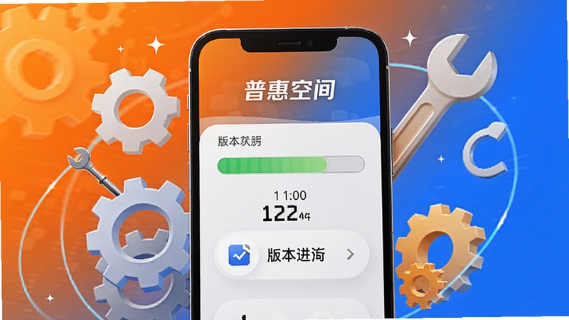普惠空间版本更新概念图,画面展示手机屏幕中软件更新进度条与版本号标识,周围有齿轮、扳手等工具元素环绕,背景为充满活力的橙色与蓝色渐变,整体表达持续优化、不断进步的主题,画面中融入普惠空间文字
