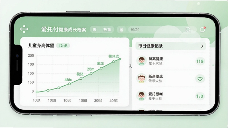 爱托付健康成长档案页面,手机屏幕显示儿童身高体重曲线图与每日健康记录列表,背景为柔和的绿色与白色,清新健康风格,突出爱托付数据记录功能