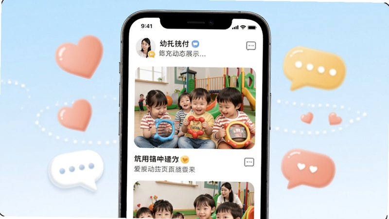 爱托付实时动态页面展示,画面为手机屏幕显示幼儿园老师发布的孩子们游戏照片与文字说明,周围环绕爱心与消息气泡元素,背景为淡蓝色渐变,温馨可爱风格
