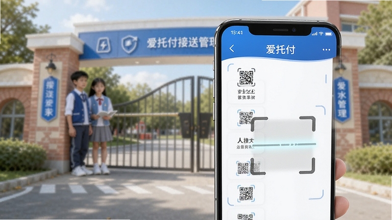 爱托付接送管理界面,画面展示手机屏幕上的接送人列表与二维码扫描区域,背景为幼儿园校门场景,安全蓝色调,简洁科技感,体现爱托付安全接送功能
