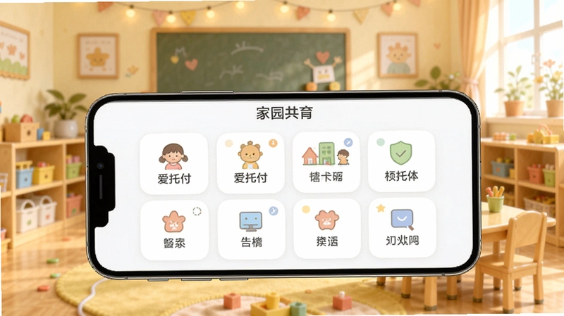 爱托付应用主界面全景展示,画面中央为手机屏幕呈现家园共育功能模块,背景为温馨的幼儿园教室环境,明亮柔和色调,扁平化设计风格,突出爱托付软件核心功能布局