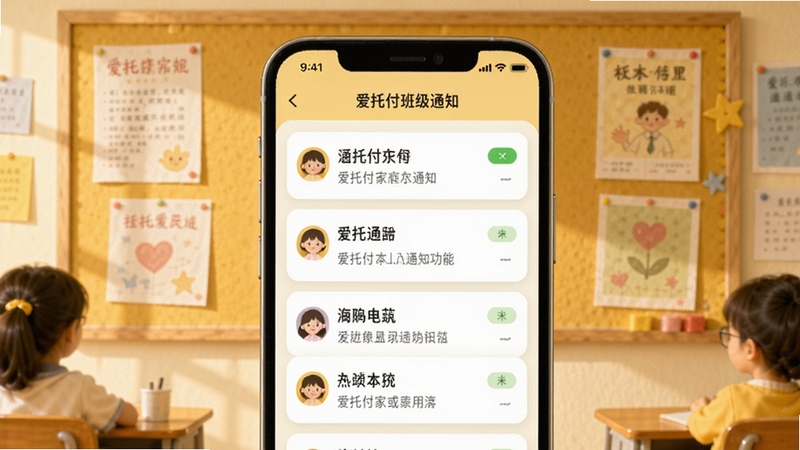 爱托付班级通知界面,手机屏幕展示多条通知卡片与已读状态标记,背景为教室公告栏元素,暖黄色调,友好互动氛围,体现爱托付家园沟通功能
