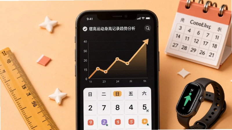 增高运动身高记录趋势分析界面,手机屏幕显示上升的折线图与打卡日历,周围有尺子、日历、运动手环等元素,背景为浅橙色暖色调,体现增高运动的数据追踪功能