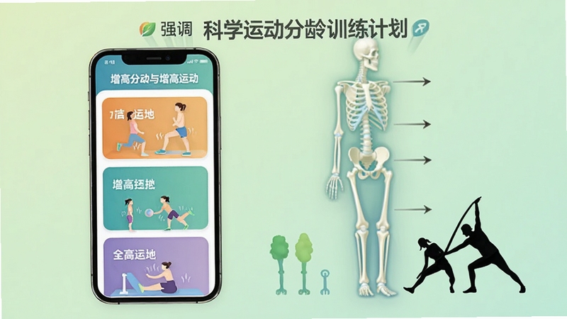 增高运动分龄训练计划界面,画面中手机屏幕展示不同年龄段训练卡片,旁边有虚拟的骨骼生长示意图与拉伸动作剪影,背景为柔和的浅绿色渐变,强调科学分龄与增高运动软件名称