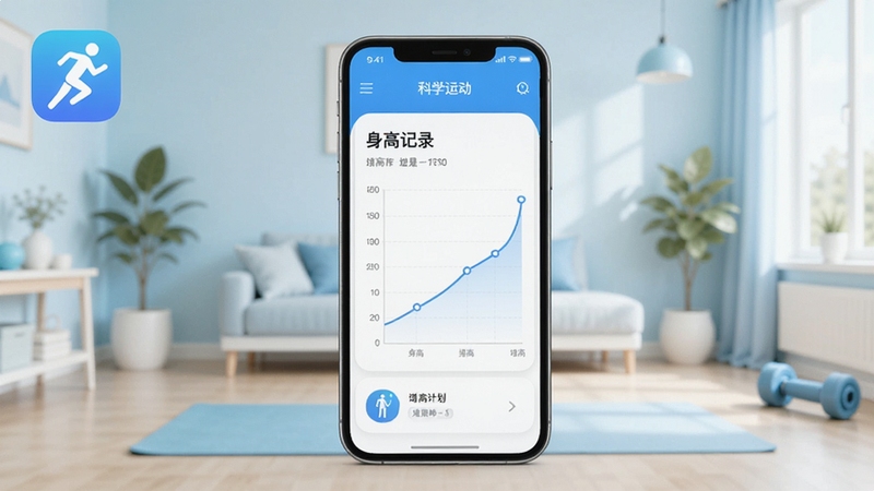 增高运动软件主界面全貌展示,画面中央是手机屏幕内显示的训练计划列表与身高记录曲线图,背景为明亮的居家健身环境,浅蓝色调,简约清新风格,突出增高运动应用图标与科学训练主题