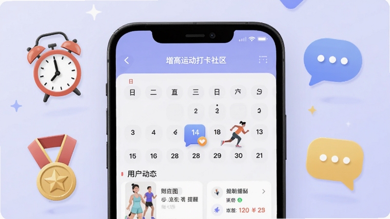 增高运动打卡社区与提醒界面,手机屏幕显示打卡日历与用户动态列表,周围有闹钟、奖章、对话气泡等图标,背景为柔和的浅紫色,体现增高运动的社区互动与提醒功能