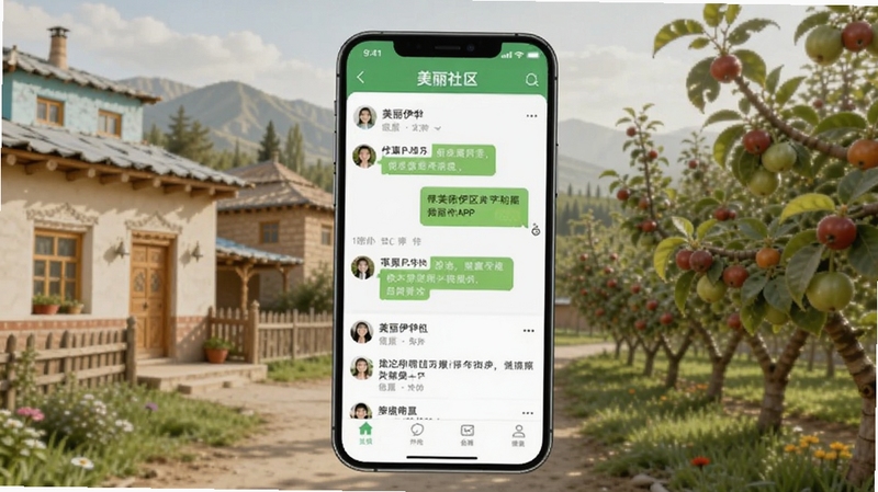 美丽伊犁社区互动界面,画面展示手机屏幕中美丽伊犁APP的社区聊天与帖子列表页面,背景为伊犁特色民居与果园,色彩柔和,适配Boogu模型生成