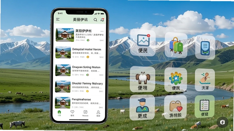 美丽伊犁手机应用界面展示,画面中央是一部智能手机,屏幕显示美丽伊犁APP首页,包含资讯列表与便民服务图标,背景为伊犁河谷草原与雪山风光,蓝天白云,清新明亮,适配Boogu模型生成