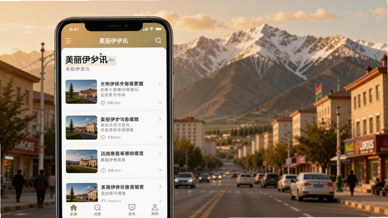 美丽伊犁资讯页面展示,画面主体为手机屏幕特写,显示美丽伊犁APP的新闻资讯列表界面,背景为伊犁城市街景与天山山脉,色调温暖自然,适配Boogu模型生成