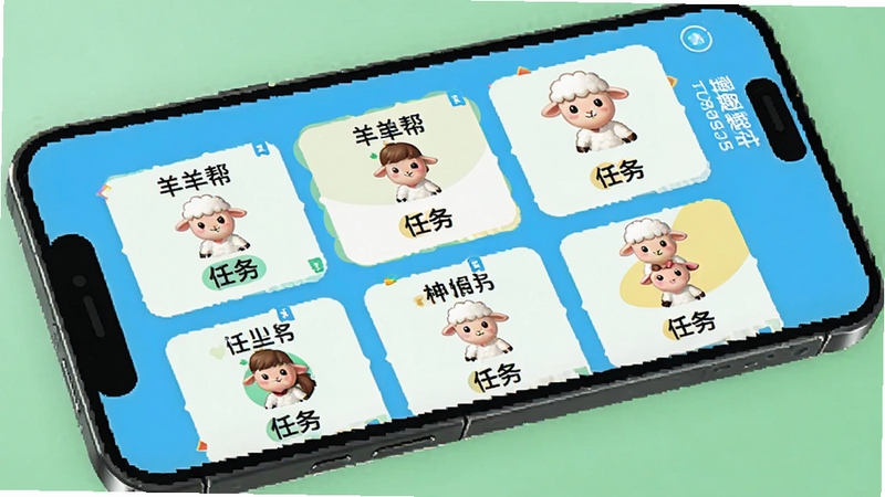 小羊趣帮 悬赏任务大厅界面 任务卡片整齐排列 明亮色调 手机屏幕特写 简洁现代风格