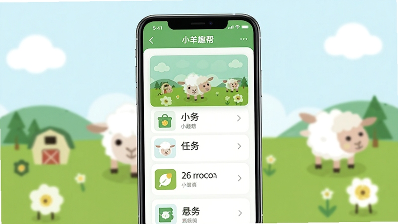 小羊趣帮 手机应用主界面 悬赏任务列表 清新绿色主题 扁平化设计 居中构图 白色背景 高清展示