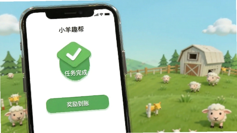 小羊趣帮 任务完成页面 奖励到账提示 手机屏幕 绿色对勾图标 简洁明了